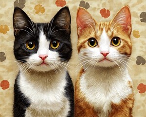 Two kittens, black and white, and orange, sit facing forward.  They are detailed, with large eyes and a soft expression.  Beige patterned background