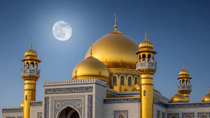 Golden domes and minarets of a mosque illuminated under a bright full moon