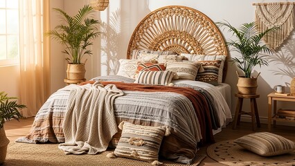 Cozy bohemian bedroom with wicker headboard and plants