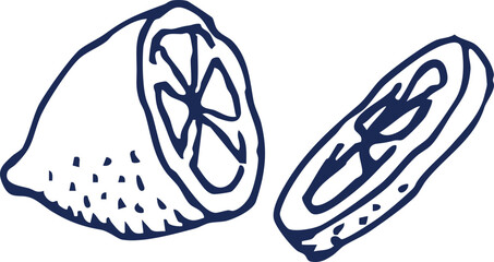 Hand-drawn sketch of a halved lemon and a sliced lemon, perfect for food and drink illustrations