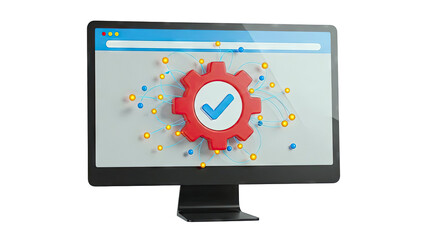 Computer screen with gear and checkmark, representing successful process or data flow