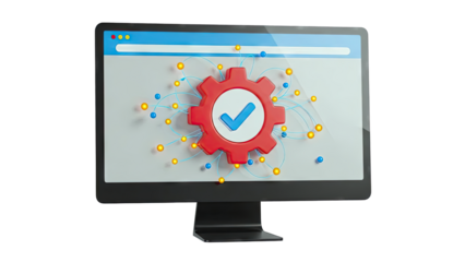 Computer screen with gear and checkmark, representing successful process or data flow