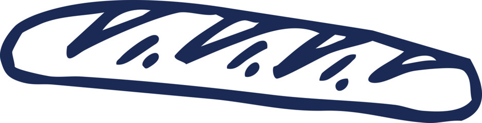 A hand-drawn illustration of a baguette, a long, thin loaf of French bread, often with a crisp crust and soft interior, perfect for sandwiches or as an accompaniment to meals