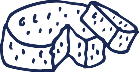 Hand-drawn sketch illustration of a delicious cheese wheel with several wedges already cut and ready to serve, representing dairy food art and culinary delight