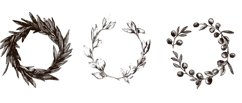 Set di tre corone botaniche disegnate a mano, con rami e foglie, perfette come elementi decorativi in stile vintage per design creativi.