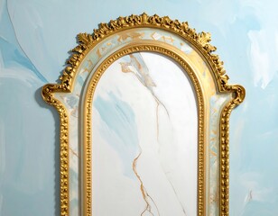 Ornate gold-framed mirror against a blue and white patterned wall