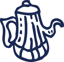 A hand-drawn illustration of a classic-style coffee pot with a rounded lid and a curved spout, rendered in a simple, dark blue outline against a white background