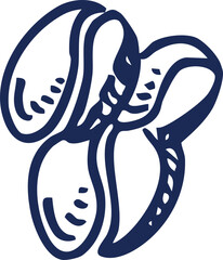 Illustration of three stylized peanuts in a navy blue outline on a white background