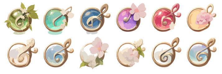 Set di icone decorative rotonde e trasparenti con motivi floreali e astratti, perfette per UI di giochi o applicazioni web, su sfondo bianco.