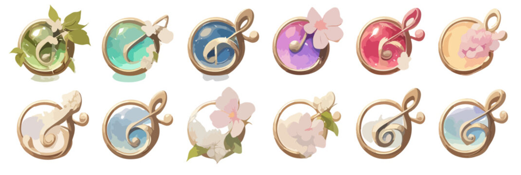 Set di icone decorative rotonde e trasparenti con motivi floreali e astratti, perfette per UI di giochi o applicazioni web, su sfondo bianco.