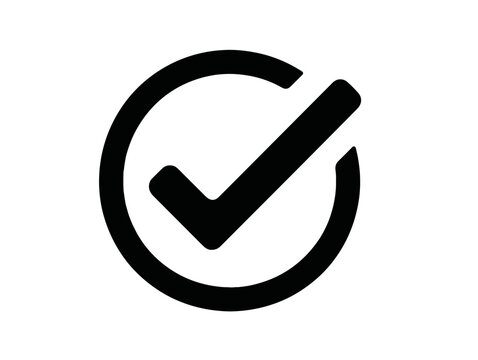 Icona vettoriale di spunta nera all'interno di un cerchio, simbolo di conferma, corretto, successo, completato, trasparente e isolato su sfondo bianco.