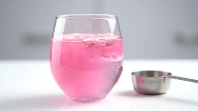 Pink powder dissolving in a glass of clear liquid next to a measuring cup