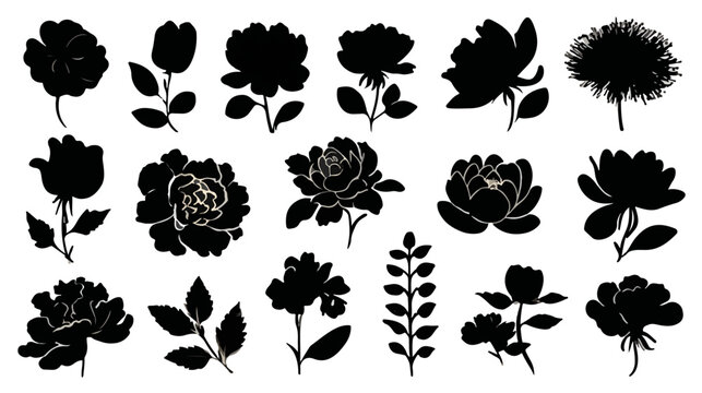 Vasta collezione di silhouette floreali nere, include rose, boccioli e foglie, ideali per design grafico, decorazioni e progetti artistici con sfondo trasparente.