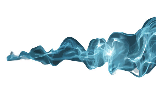 Elegante onda di fumo blu trasparente e dinamico, con bagliori eterei su sfondo bianco, ideale per grafiche futuristiche e concetti di energia.