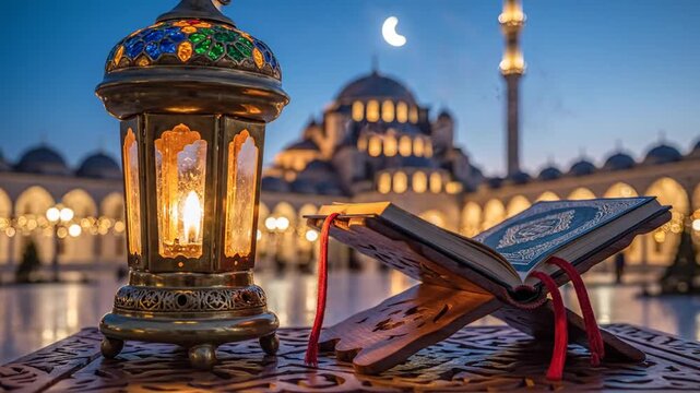 Soft-lit lanterns beside an open Quran on a carved table in a mosque courtyard at dusk, serene glow