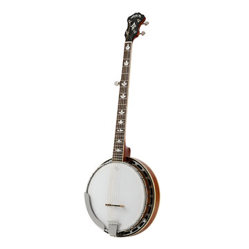 3d icon of a traditional banjo musical instrument with a wooden body and metal strings, isolated on transparent background