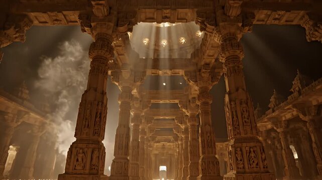 Illuminated Ancient Temple with Rows of Oil Lamps and Soft Ray of Light in Mystical Ambiance