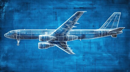 A blueprint-style illustration of an airplane against a blue background.