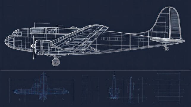 Blueprint illustration of an airplane, showcasing design and engineering details.