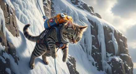 Mountain Climber Cat: A brave cat ascends a snow-covered mountain, embodying courage and determination. The adventurous feline, equipped with climbing gear, tackles the challenge.