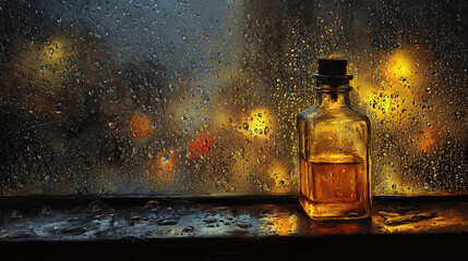 A bottle of liquid sits on a ledge near a rain-streaked window. The golden liquid glows warmly against the backdrop of blurred lights.