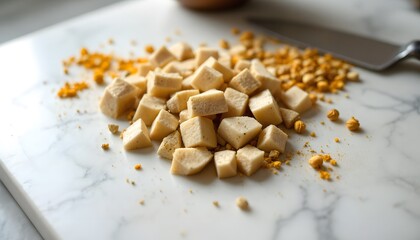Chopped pieces of nuts or dried fruit scattered on a white marble cutting board.