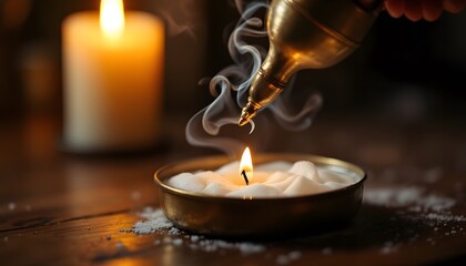 Atmospheric scene showing a bowl of white powder next to a lit candle and smoking incense.