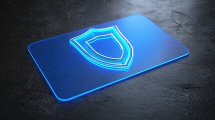 Blue glowing shield symbol on futuristic digital platform representing cyber security and data protection concept.