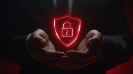 Red glowing shield with padlock in hands representing cyber security protection, data safety in dark background with digital light effects