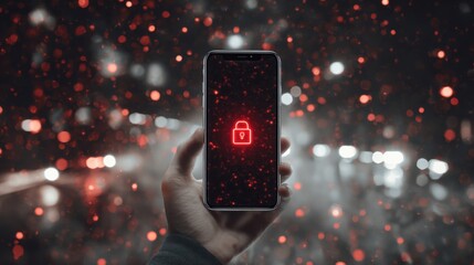 Hand holding smartphone with red lock icon on screen against bokeh background. Mobile security and privacy protection concept.