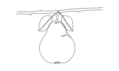 Single line drawing of a ripe pear fruit hanging from a branch with leaves