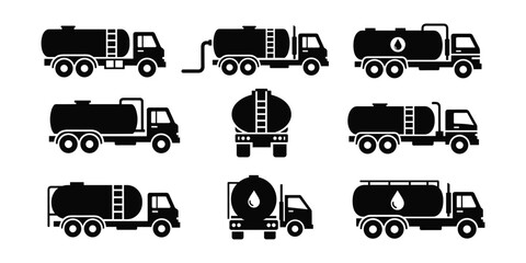 Set of nine black silhouette icons representing various styles of tanker trucks