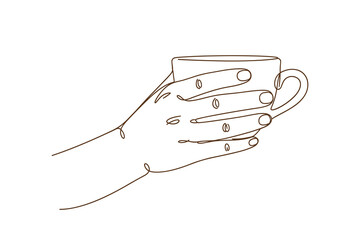 One line continuous drawing of hand holding coffee mug for beverage break vector