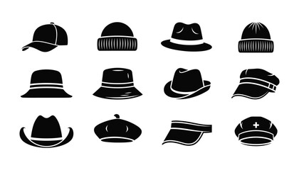 Collection of twelve black silhouette icons various hats and headwear fashion vector