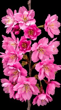 黒の背景に分離されたタイムラプスで枝に咲くピンクのプルナス桜、花のコンセプト