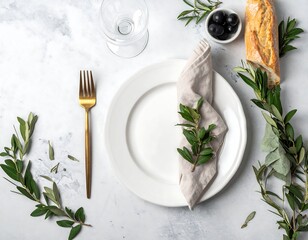 Overhead view of a table setting with food and tableware