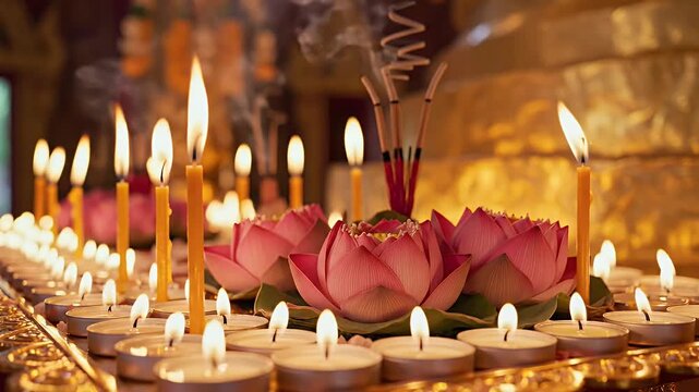 Visakha Bucha background with candles and lotus offerings arranged in harmony for Buddhist devotion