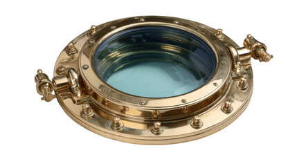 Obraz premium Polished brass porthole with glass window showing nautical design and maritime history, transparent background cutout