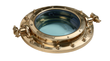 Polished brass porthole with glass window showing nautical design and maritime history, transparent background cutout
