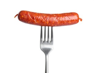 A single, cooked sausage of reddish-brown color impaled on a silver fork, set against a pristine white background