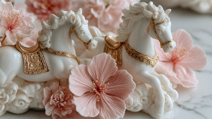 Decorative porcelain horses surrounded by pink flowers on a marble surface.