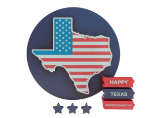 Stylized 3d rendering of the Texas state map featuring the american flag design celebrating independence day on transparent background