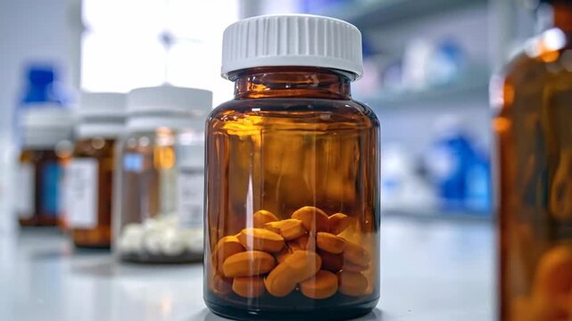 Pills in Bottles on a Pharmacy Counter - A Detailed View.