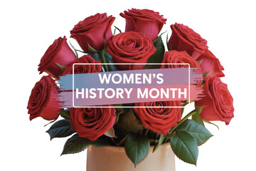 A vibrant bouquet of deep red roses celebrates the significance of women's history month with decorative text on transparent background
