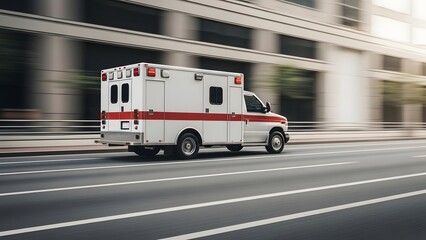 Side view of a white and red medical emergency vehicle driving fast on an urban road with motion blur