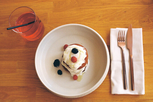Top view of child's breakfast at hotel's cafe.