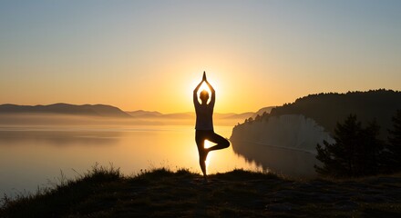 Silhouette of a person practicing yoga tree pose on a hill during a vibrant sunrise