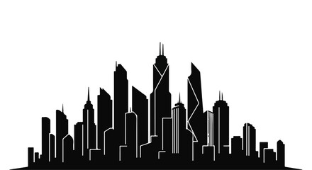 Fototapeta premium City skyline silhouette featuring high rise skyscrapers isolated on a white background designed for urban real estate advertising and modern architectural branding templates or web assets.