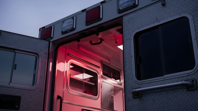 View inside a medical emergency vehicle showing red lighting, sterile surfaces, and equipment at dusk