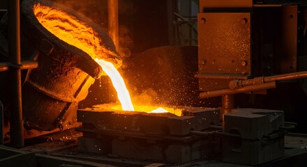 Dramatic view of glowing molten material being poured in a dimly lit metalworking facility